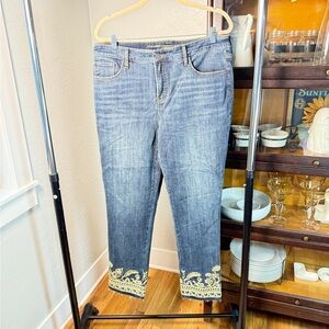 Chico’s So Slimming Girlfriend Jeans Embroidered Hem Ankle Blue Size 14T